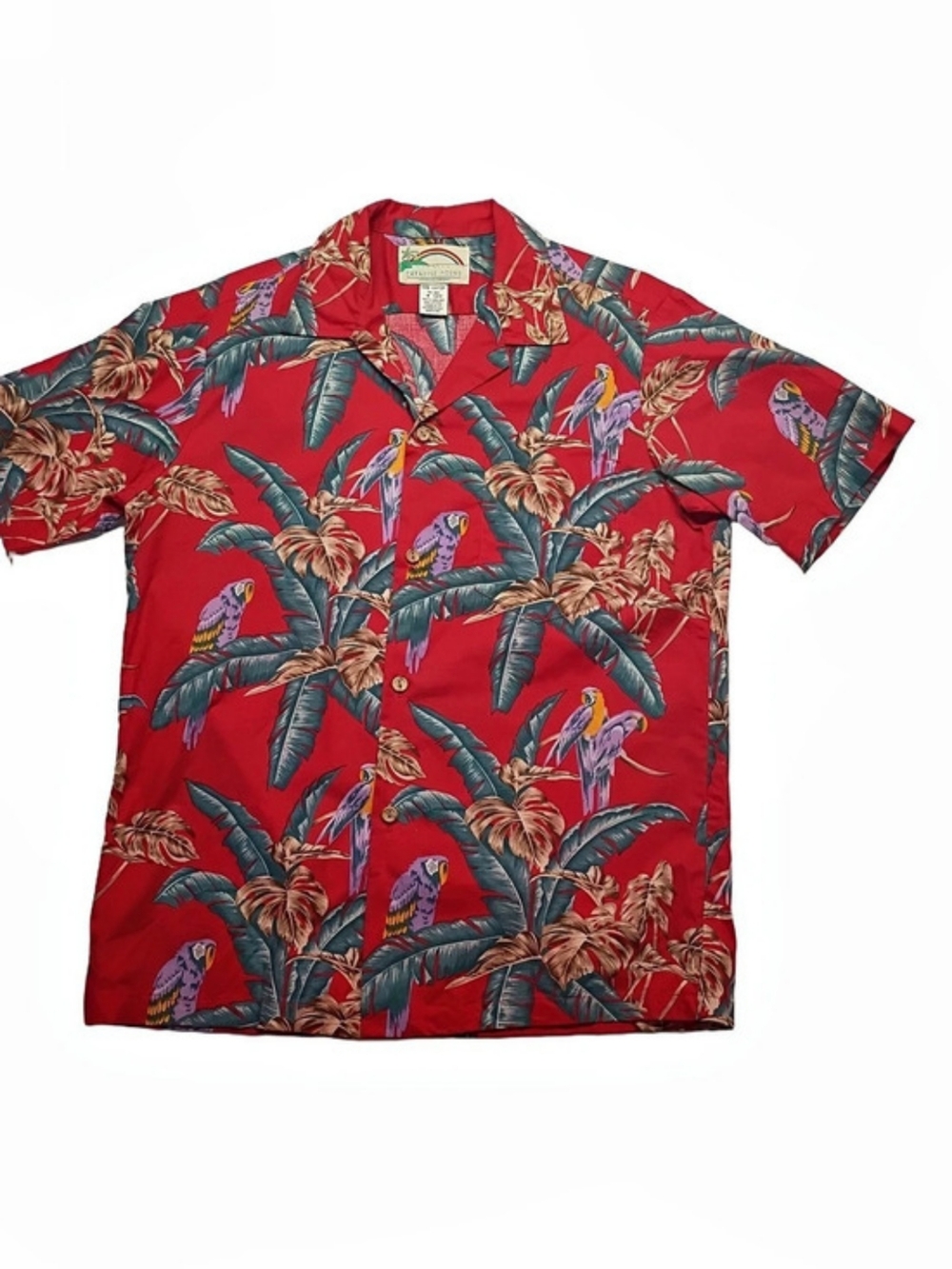 Vintage Paradise Found Hawaiian shirt Floral in Red Sz Med Magnum PI Jungle Bird
